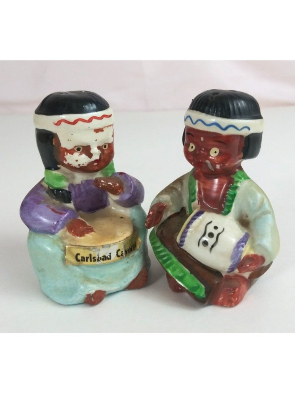 Vintage Native American Boy & Girl Playing Drums Salt & Pepper Shaker Japan